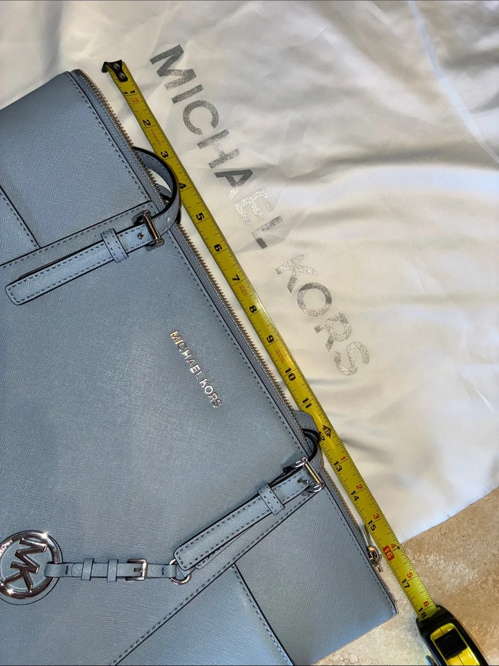 Michael Kors Powder Blue Saffiano Carry All Leather Tote, MK Charm, dust bag euc
